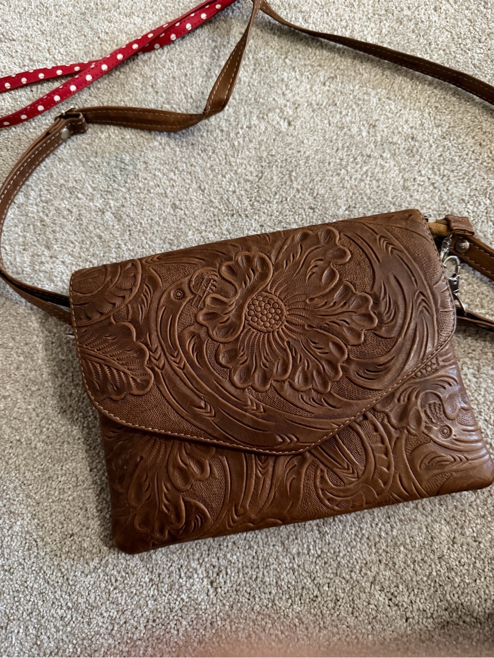 Brown Tooled Floral Crossbody Bag